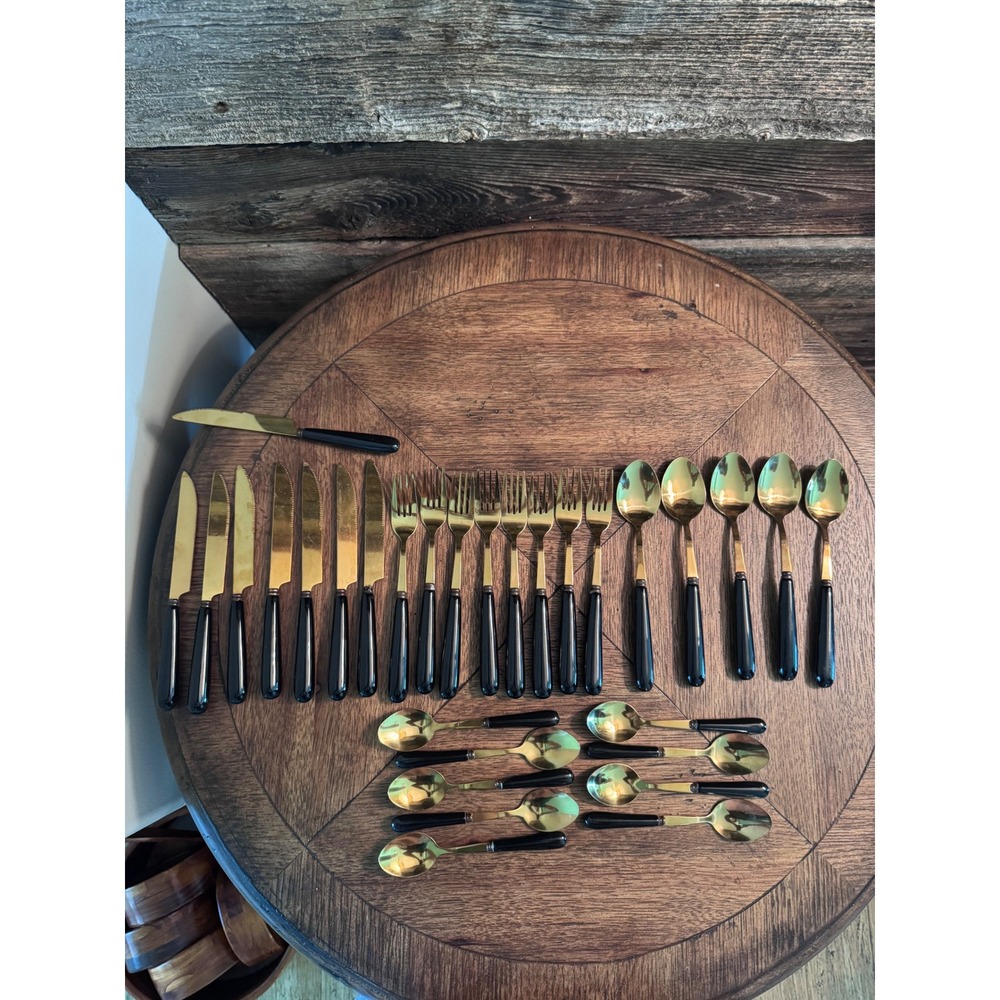 Vintage Gold Tone Flatware Set Black Tapered Handles 32 Piece Mid Century Modern